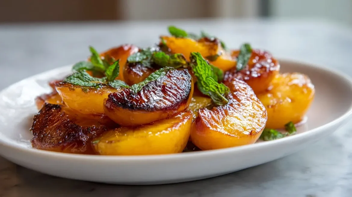 Délicieuses pêches rôties au Airfryer, caramélisées et juteuses.